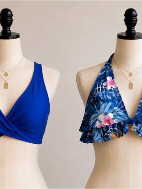 2 Piece Plus Size Swim Top Bundle | 2X/3X | Beachwear Bold Blues Tropical  Print